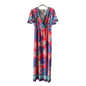 NWT Flying Tomato Tropical Print Maxi Dress, medium, coral/blue/cream